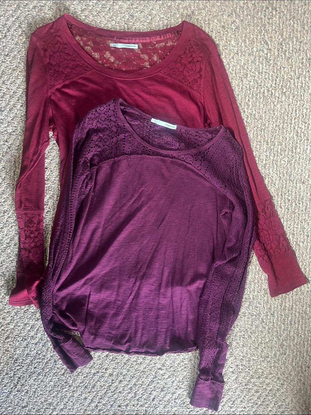 Maurices Lace-Trim Long Sleeve Tops in Burgundy and Plum
